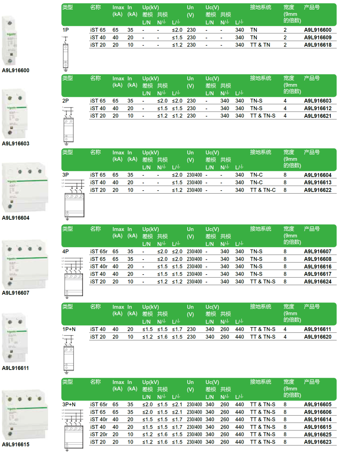  iST 65 1P（A9L916600），iST 65 2P（A9L916603），iST 65 3P（A9L916604），iST 65R 4P（A9L916607），iST 65 4P（A9L916608），iST 65R 3P+N（A9L916605），iST 65 3P+N（A9L916606）