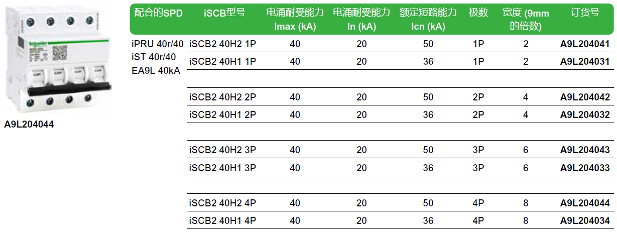 iSCB2 40H2 1P（A9L204041），iSCB2 40H1 1P（A9L204031），iSCB2 40H2 2P（A9L204042），iSCB2 40H1 2P（A9L204032），iSCB2 40H2 3P（A9L204043），iSCB2 40H1 3P（A9L204033），iSCB2 40H2 4P（A9L204044），iSCB2 40H1 4P（A9L204034）