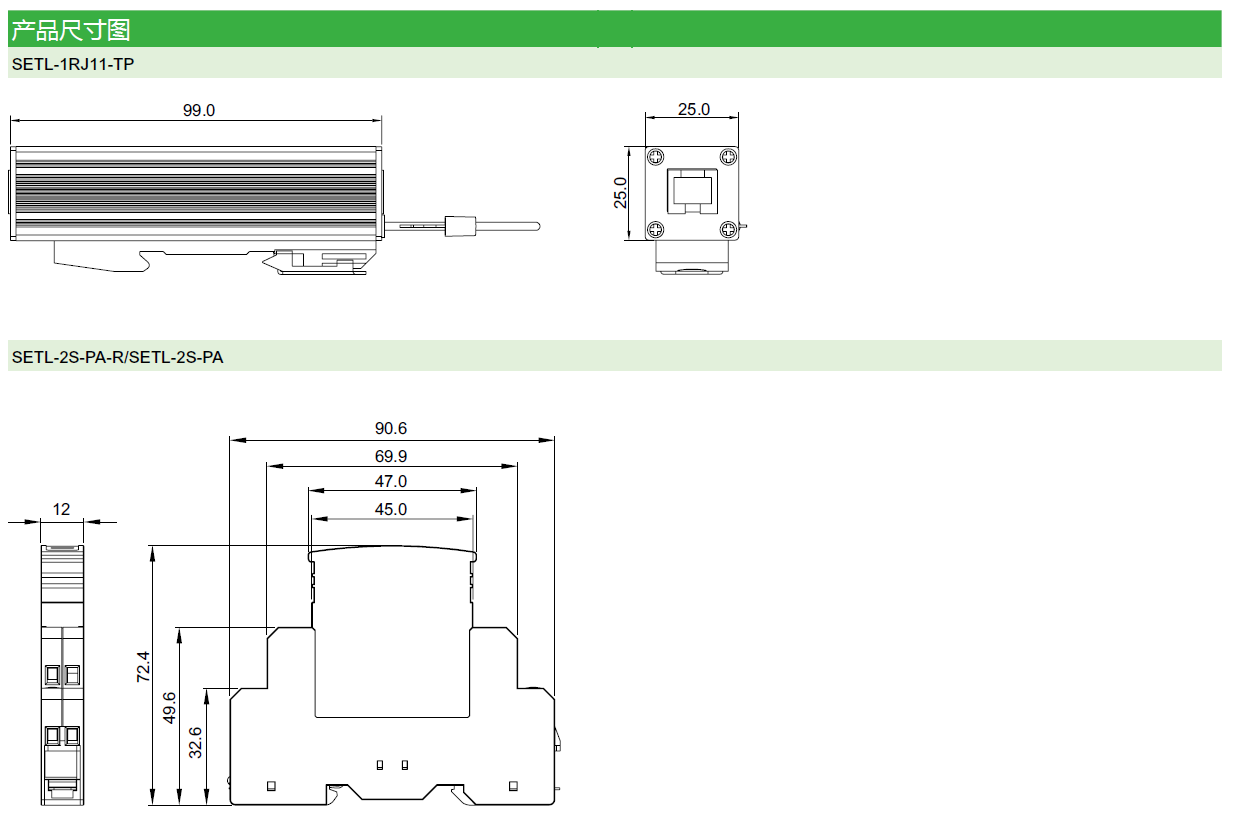 SETL-1RJ45-L（SETL003），SETL-1RJ45-H（SETL004），SETL-24RJ45-H（SETL005），SETL-1RJ45-POE（SETL007）； SETL-1RJ11-TP（SETL006），SETL-2S-PA-R（SETL001），SETL-2S-PA（SETL002）