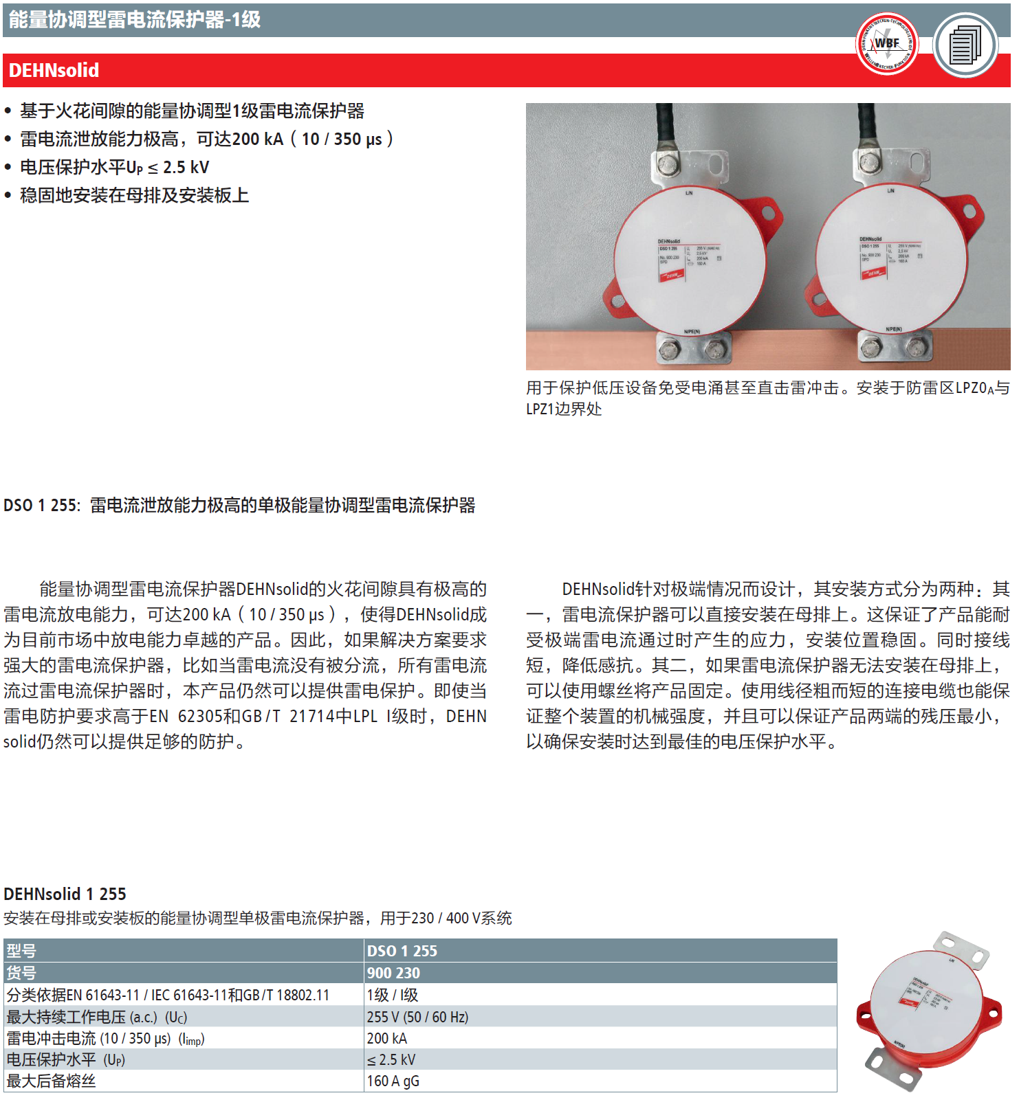 DSO 1 255 DEHN单极能量协调型雷电流保护器：高效防雷，复合型雷电防护方案