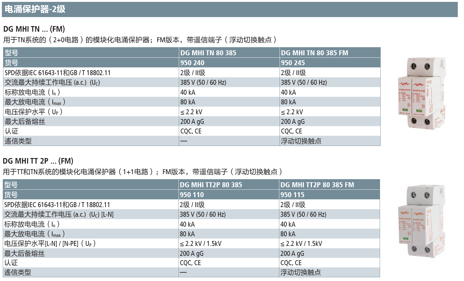 DG MHI TT 2P 80 385 FM：DEHN高效能单相电涌保护器模块化解决方案