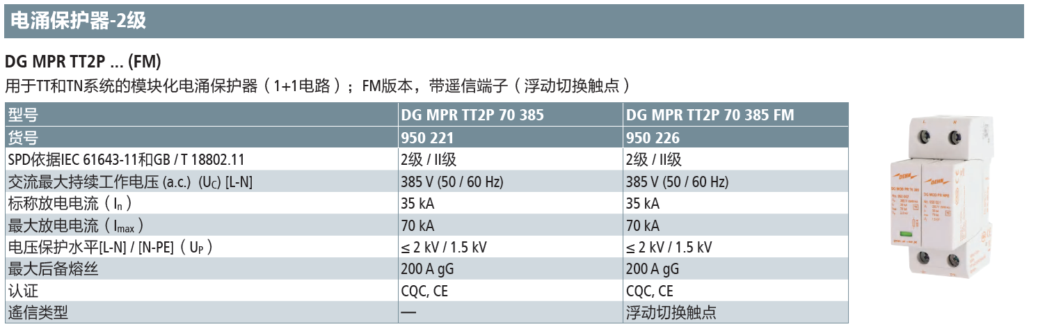 DG MPR TT 2P 70 385 FM DEHN单相模块化电涌保护器：高效防护与智能监控的完美结合