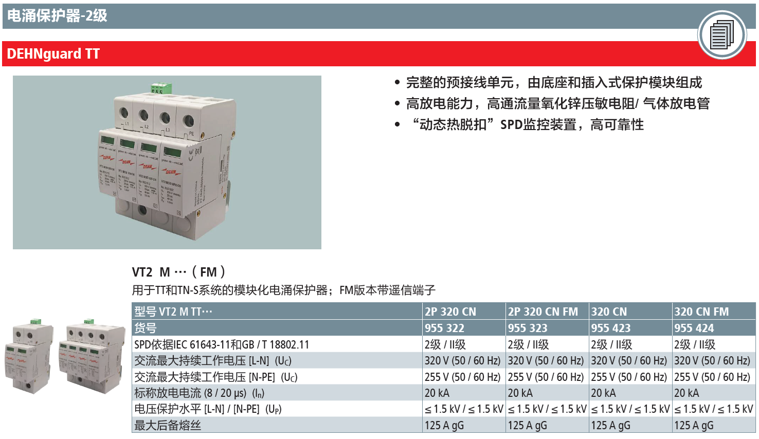 VT2 M TT 2P 320 CN FM DEHN高效能模块化电涌保护器：工业级安全防护新选择