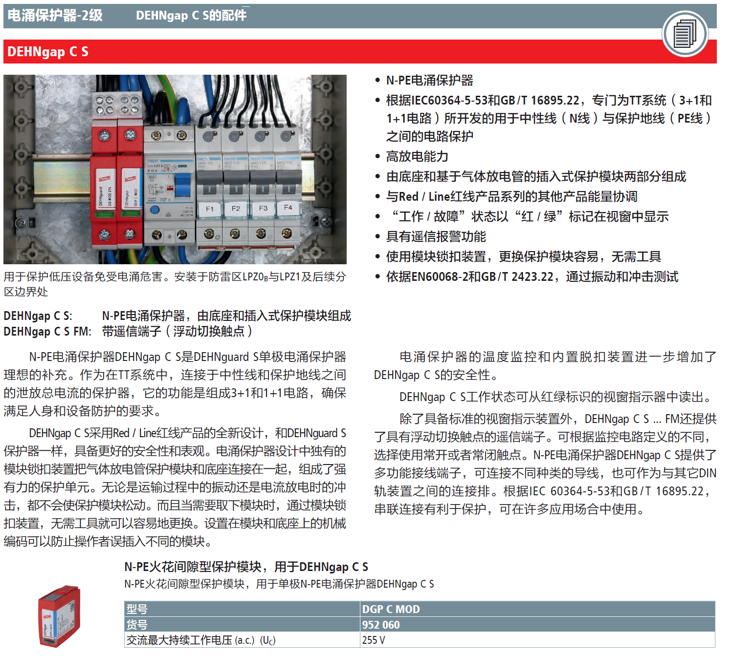 DGP C MOD DEHN火花间隙型N-PE电涌保护器模块：高效能、模块化的雷电防护解决方案