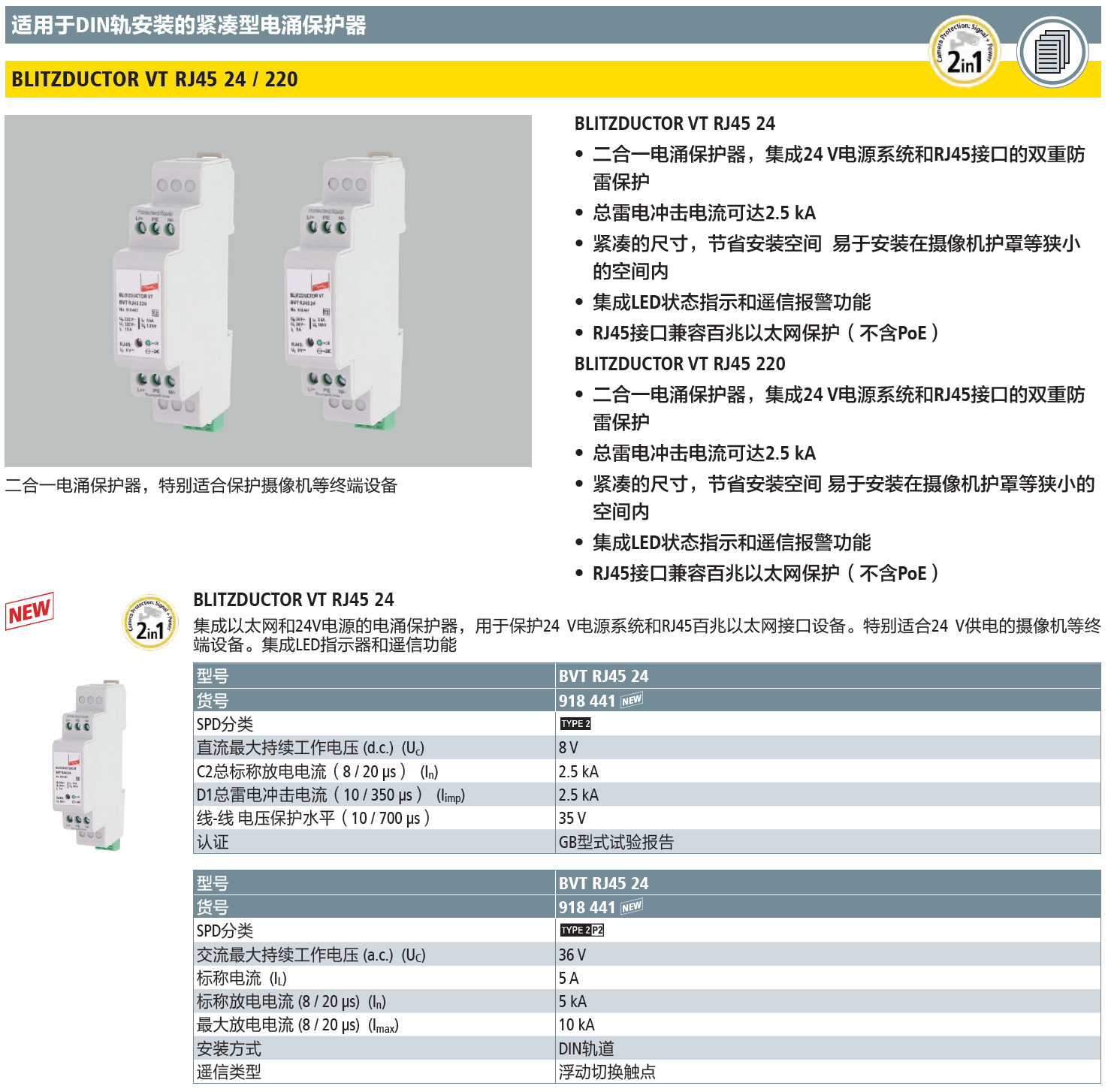 BVT RJ45 24 DEHN二合一防雷器：高效保护网络与电源的智能解决方案