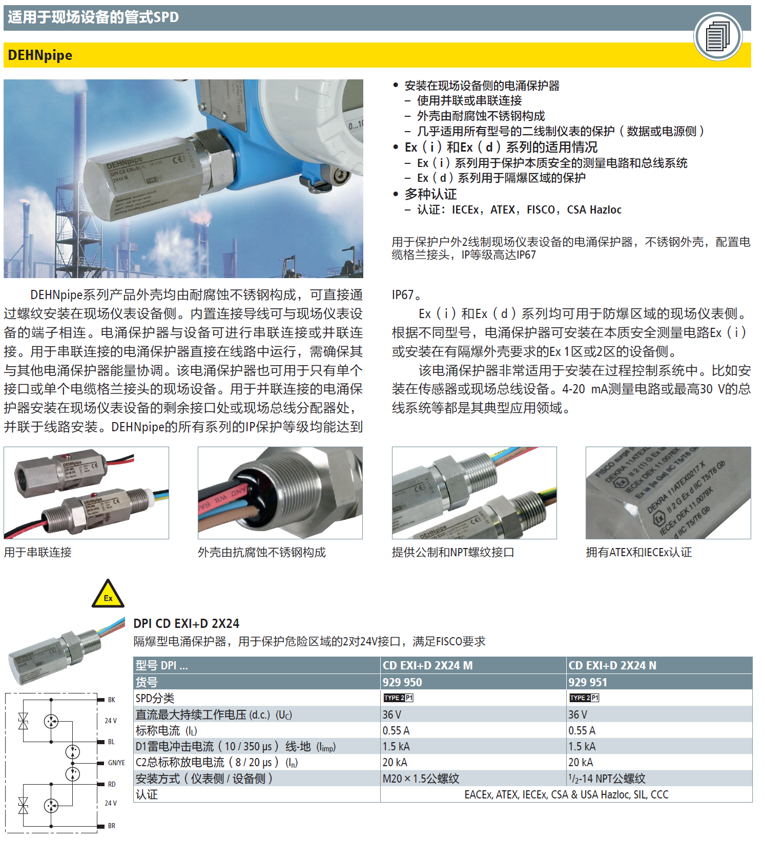 DPI CD EXI+D 2X24 N DEHN现场设备管式防雷器：工业自动化领域的电涌防护专家